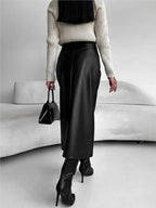 Women’s High Waist Leather Long Skirt Front Slit Slim Elegant Office Spring winter