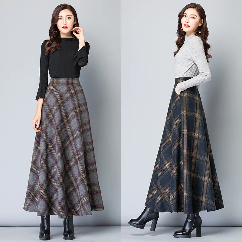 Women’s High Waist Plaid Long Skirt Thick Warm Elastic Autumn Winter Streetwear