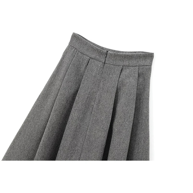 YENKYE Women’s High Street A-Line Midi Skirt Box Pleat Mid Waist Office Gray Autumn Winter