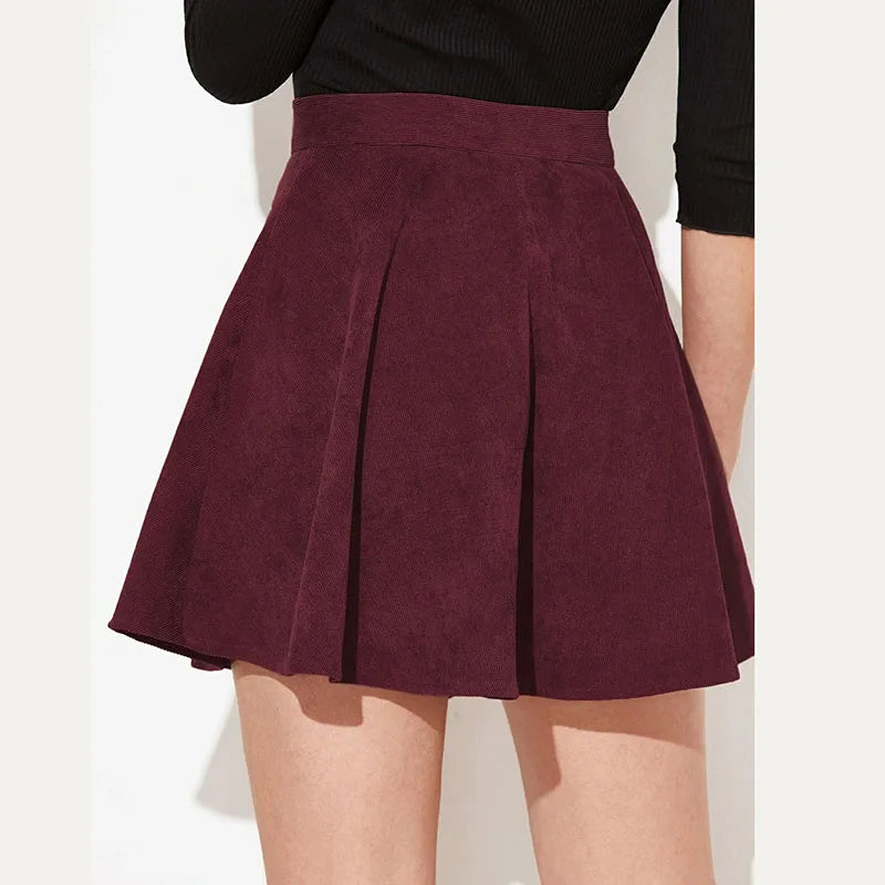 Women’s High Waist Pleated Corduroy A-Line Mini Skirt Elegant Autumn Winter