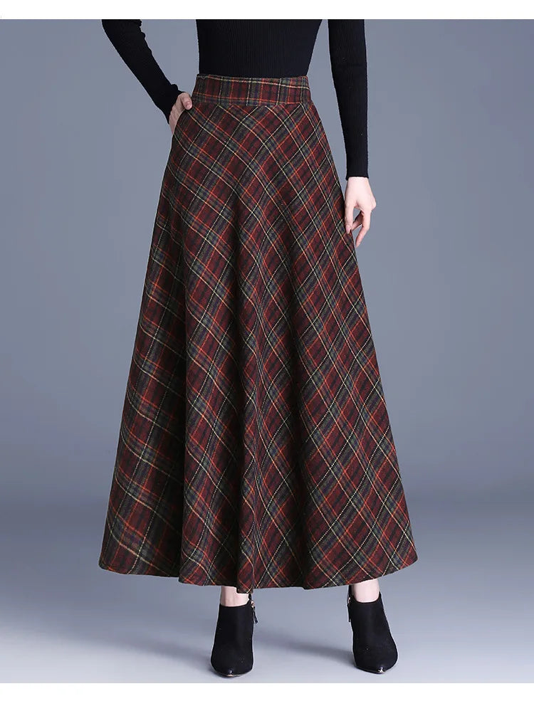 Women’s High Waist Plaid Long Skirt Thick Warm Elastic Autumn Winter Streetwear