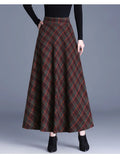Women’s High Waist Plaid Long Skirt Thick Warm Elastic Autumn Winter Streetwear