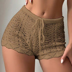 Women’s Hollow Drawstring Knitted Bikini Shorts Open Waist Block Design Summer Swimwear