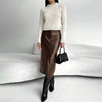 Women’s High Waist Leather Long Skirt Front Slit Slim Elegant Office Spring winter