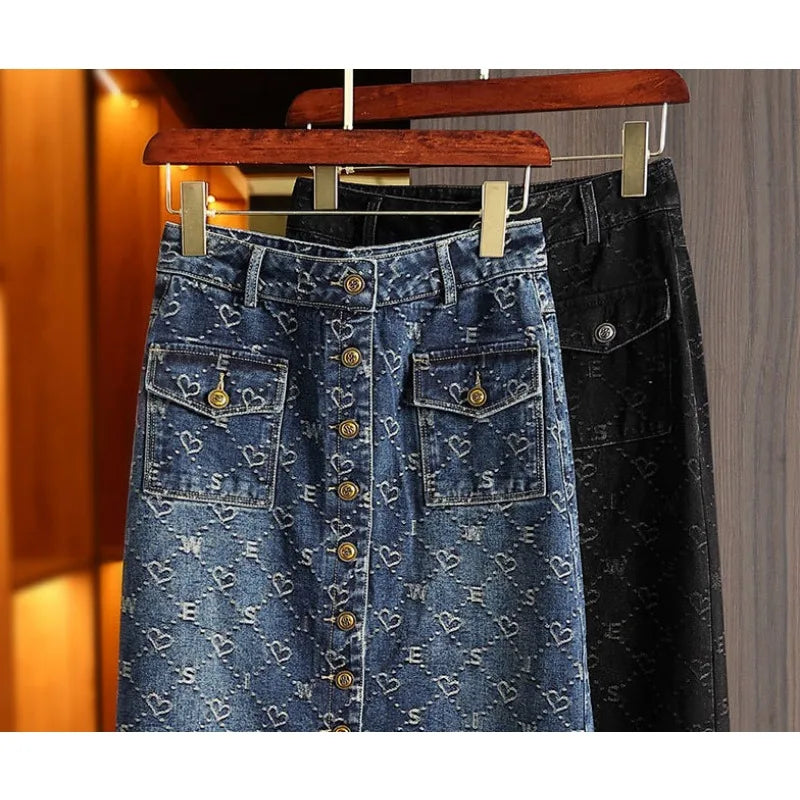 Women’s High Waist Slit Denim Midi Skirt A-Line Printed Hip Fit Autumn 2025