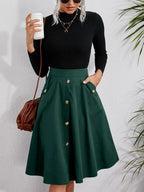 Women’s Dark Green Flared Midi Skirt Metal Button Pockets Casual Office Wear