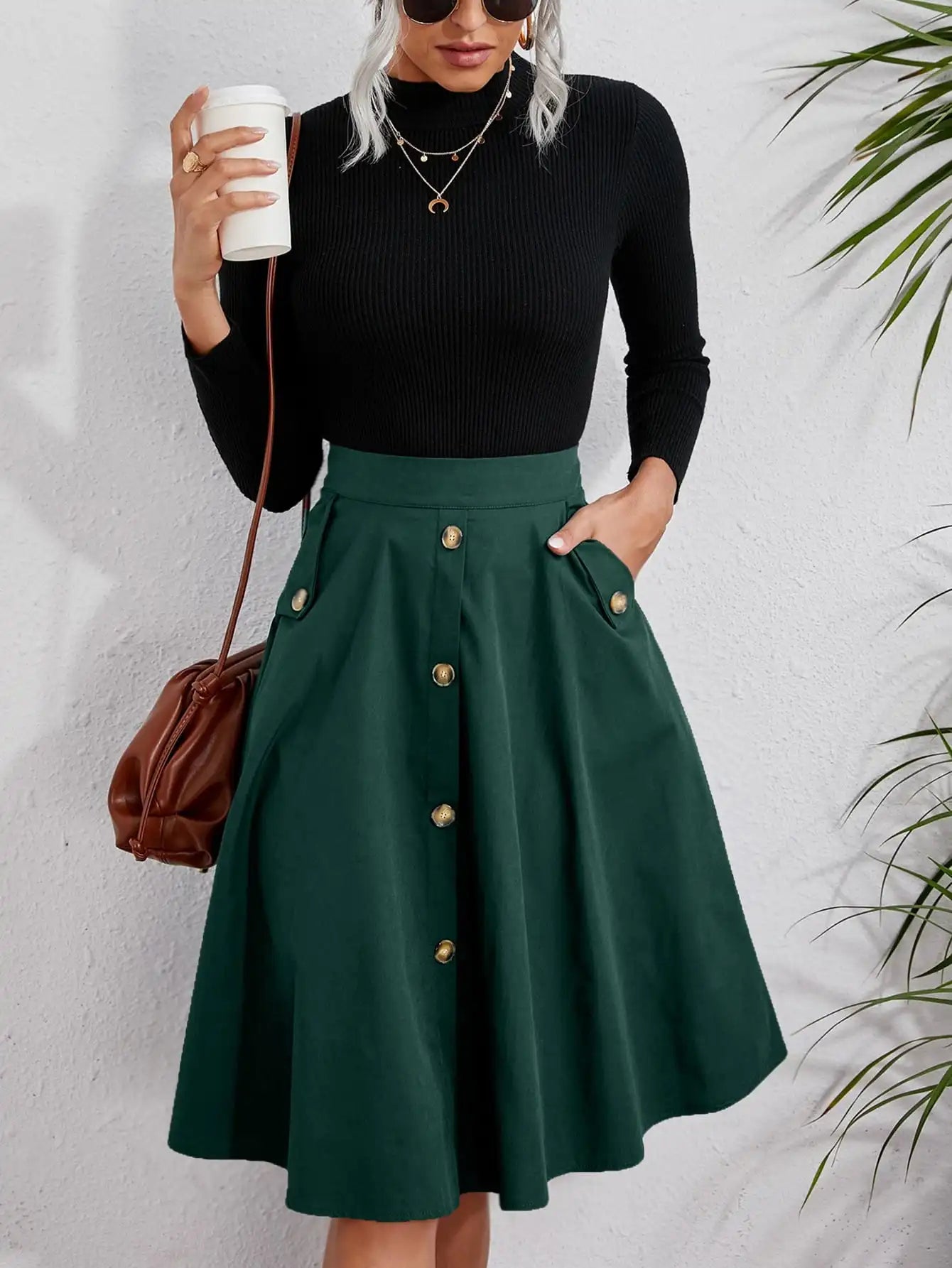 Women’s Dark Green Flared Midi Skirt Metal Button Pockets Casual Office Wear