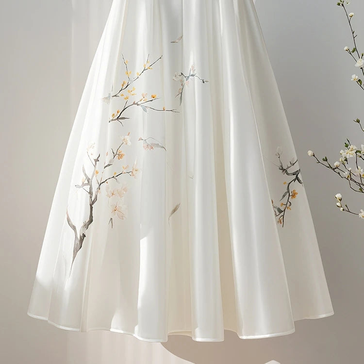 Women’s Flower Print White A-Line Midi Skirt High Waist Chinese Style Y2K 2026