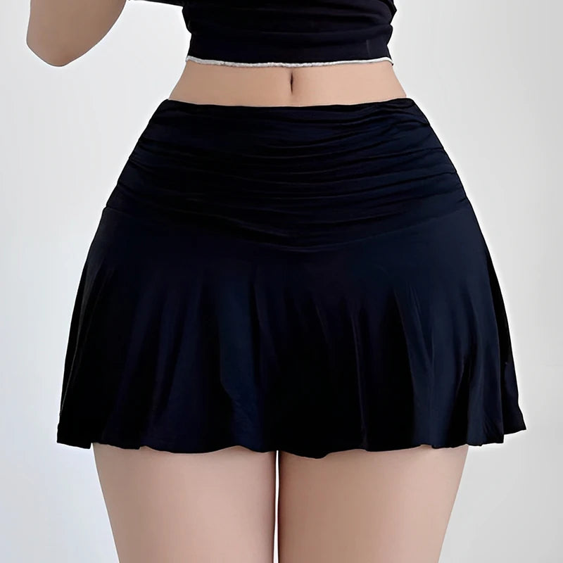 Hot Girl Low Waist Pleated A-Line Mini Skirt with Safety Pants Summer