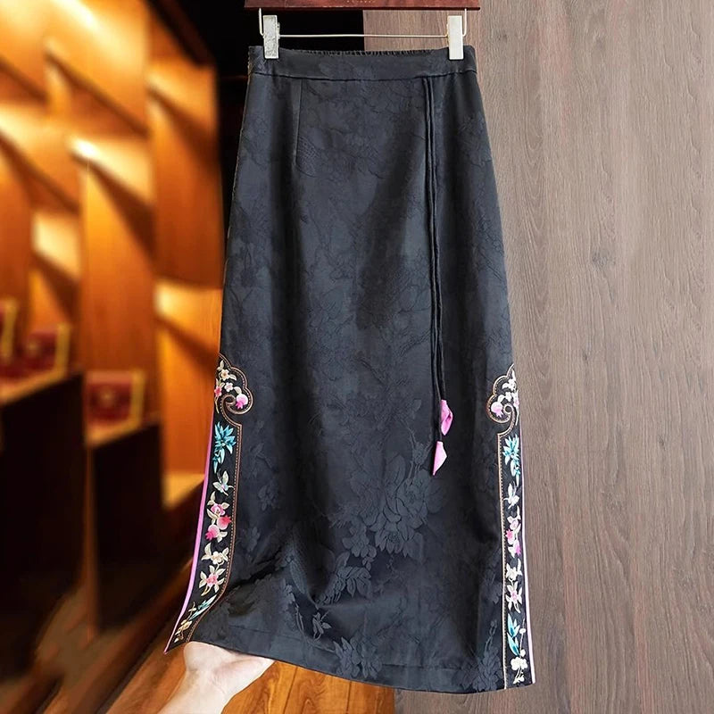 Vintage Women’s Jacquard Embroidery High Waist A-Line Long Skirt Chinese Style Slit