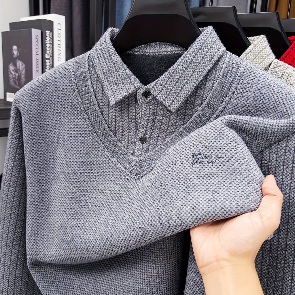 Men's -Lined Winter Knit Sweater Jacket/Pullover - Heavy-Duty Button-Up Collar, Collar & Long Sleeve Coat-like Sweater Vest, Hand Washable Solid Gray Cold Weather Clothing for Fall/Winter (No Dry Clean)