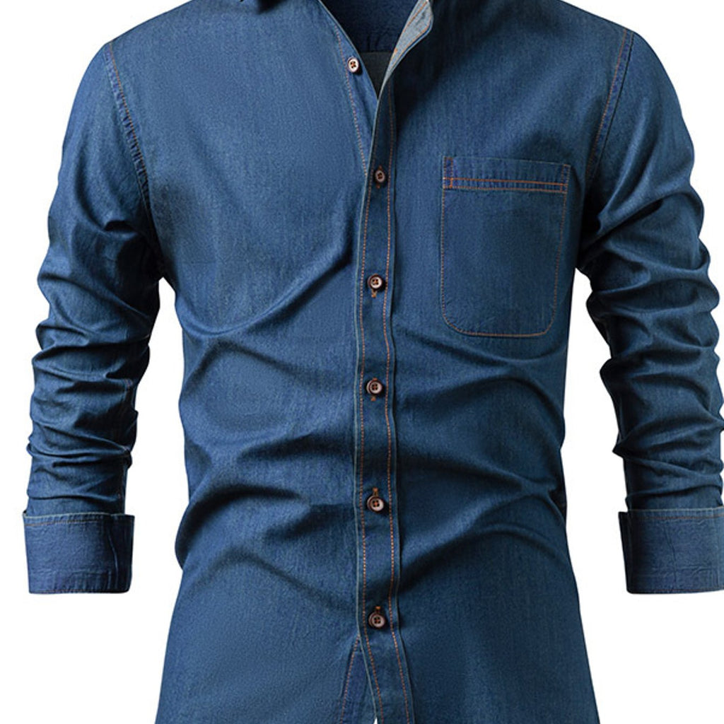 Men's Heavy-Duty Pure Cotton Denim Shirt Jacket - No-Iron Solid Blue Long Sleeve Button-Up Casual Coat, Western Style Collar & Single-Breasted Button Front for Spring/Fall Layering (Regular Fit) - Versatile Outdoor & Formal W