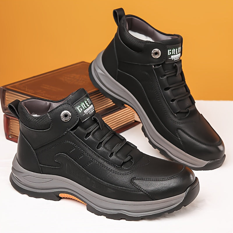 Men's Genuine Leather Winter Boots-like Sneakers - Thick Anti-Skid Rubber Sole, Warm PU & Mid-Calf Traction Tires - All-Terrain Outdoor Shoes for Work,, Snow (Lace-Up, Durable) - Autumn/Fall/Frost Season Footwear