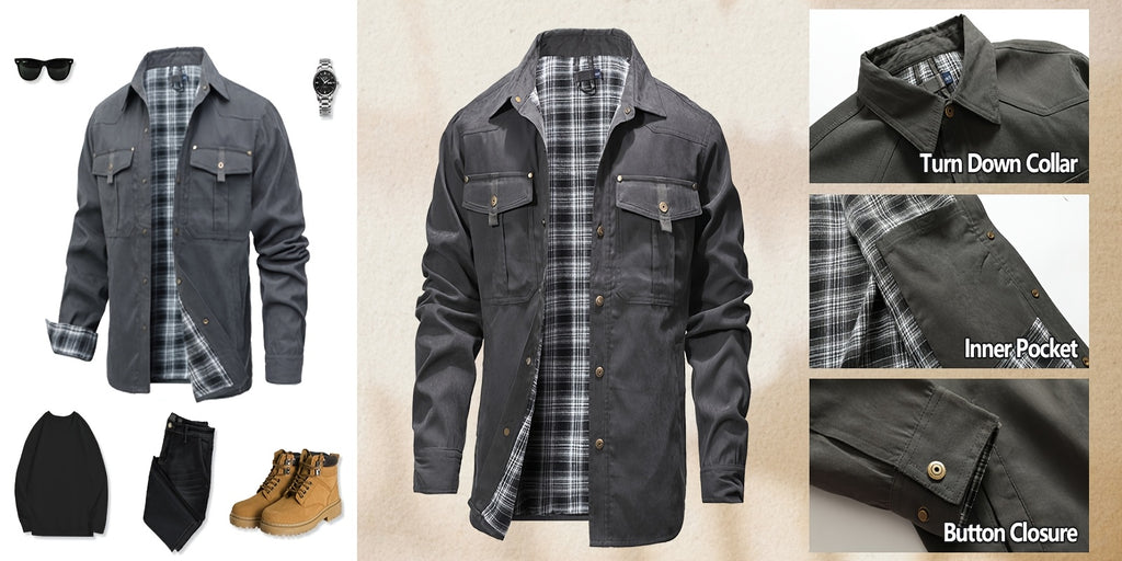 Men'S Fashion Casual Solid Color Plaid Cargo Jacket