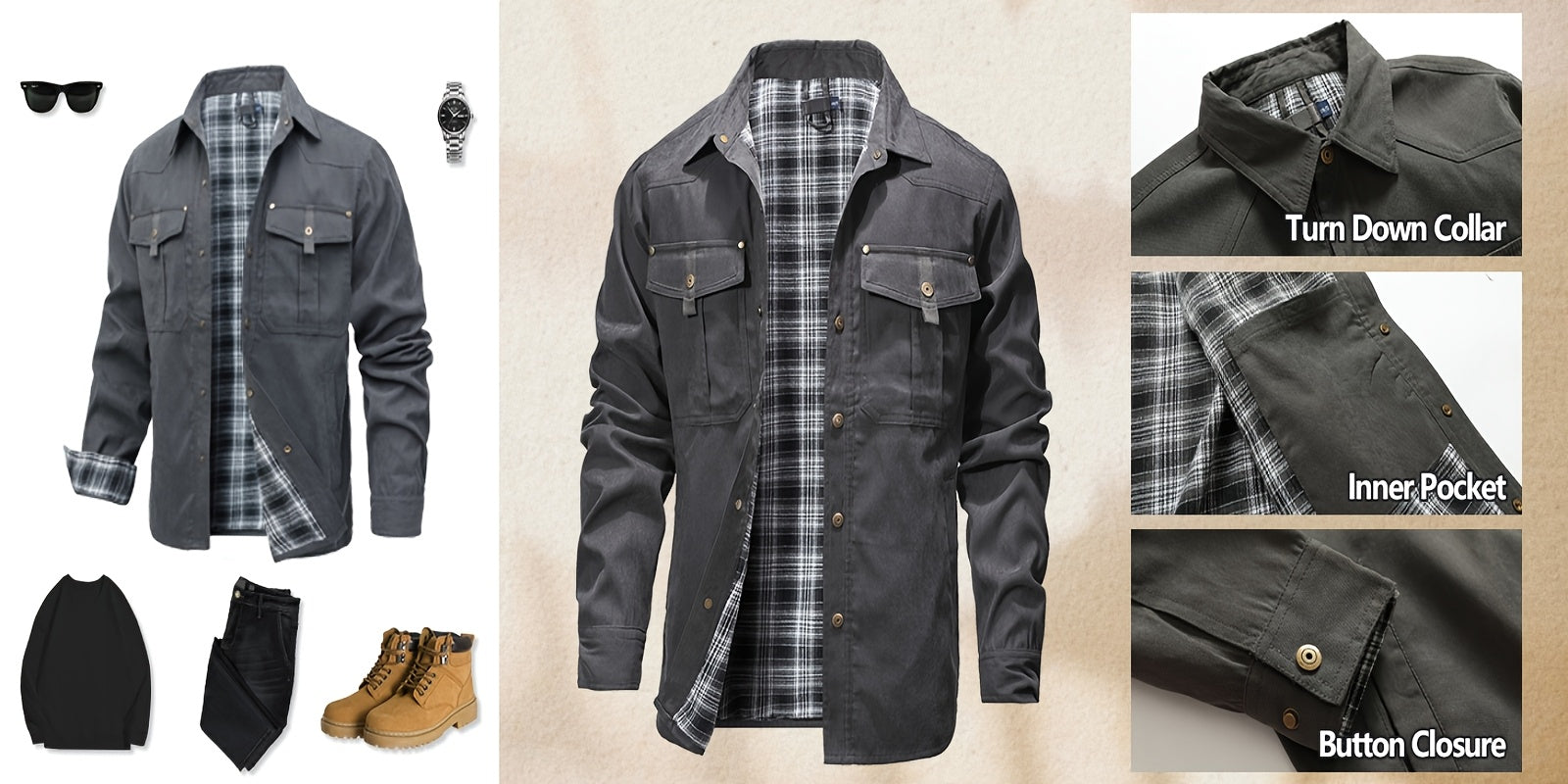 Men'S Fashion Casual Solid Color Plaid Cargo Jacket