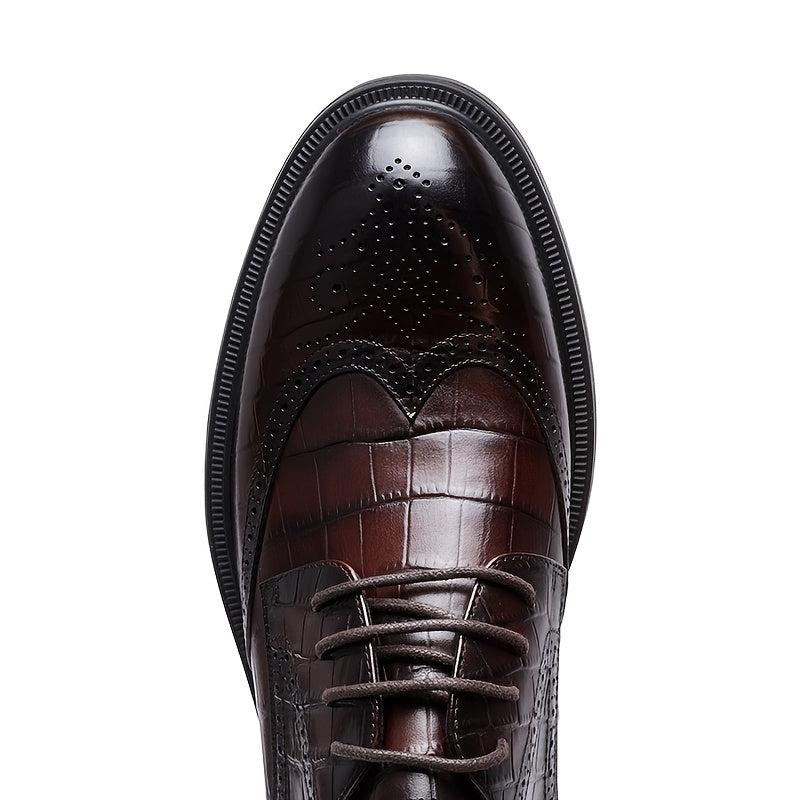 Men's Genuine Leather Checkered Brogue Oxford Dress Shoes - British Style Lace-Up Wingtip Boots (Short) with Pigskin & Rubber Sole, All-Season Wedding, Business & Formal Footwear for Office, Casual - Top-Grain Cowhide