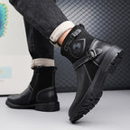 Men's Winter Full-Zip Chelsea Boots - British s with Buckle Strap & Buckles, Upper & Sole, Round Toe Short Ankle Booties for Outdoor, Casual, - Glossy Black (No-Collar Design)