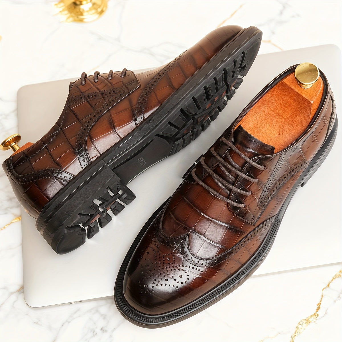 Men's Genuine Leather Checkered Brogue Oxford Dress Shoes - British Style Lace-Up Wingtip Boots (Short) with Pigskin & Rubber Sole, All-Season Wedding, Business & Formal Footwear for Office, Casual - Top-Grain Cowhide