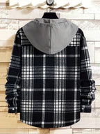 Men's Plaid Shirt Jacket with Hood - Black/White/Gray Tartan Pattern, Collar & Chest Pocket - Winter Warm Coat, Button-Front Blazer for Casual & Smart-Casual Wear (Non-Stretch Woven Fabric)