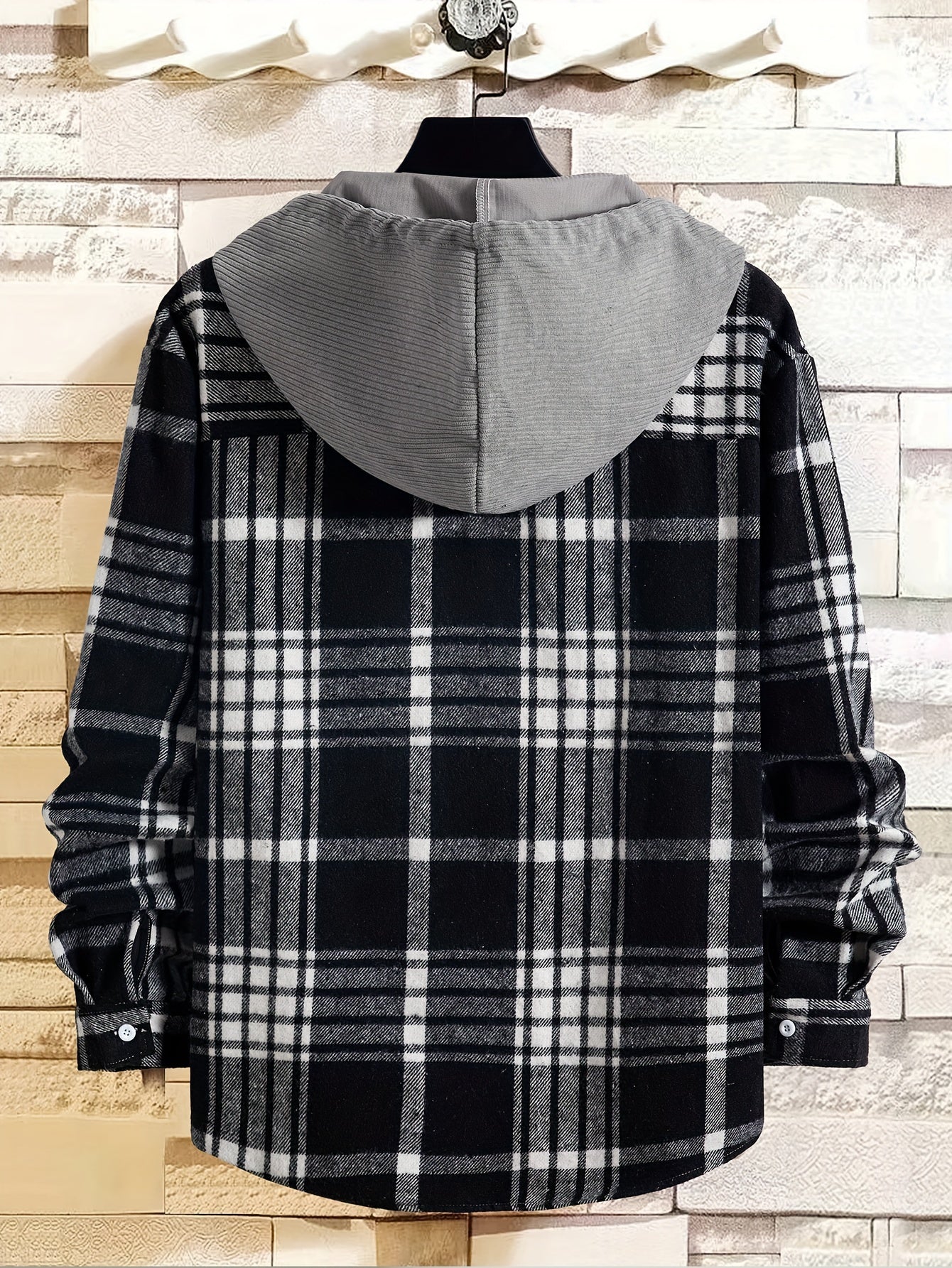 Men's Plaid Shirt Jacket with Hood - Black/White/Gray Tartan Pattern, Collar & Chest Pocket - Winter Warm Coat, Button-Front Blazer for Casual & Smart-Casual Wear (Non-Stretch Woven Fabric)