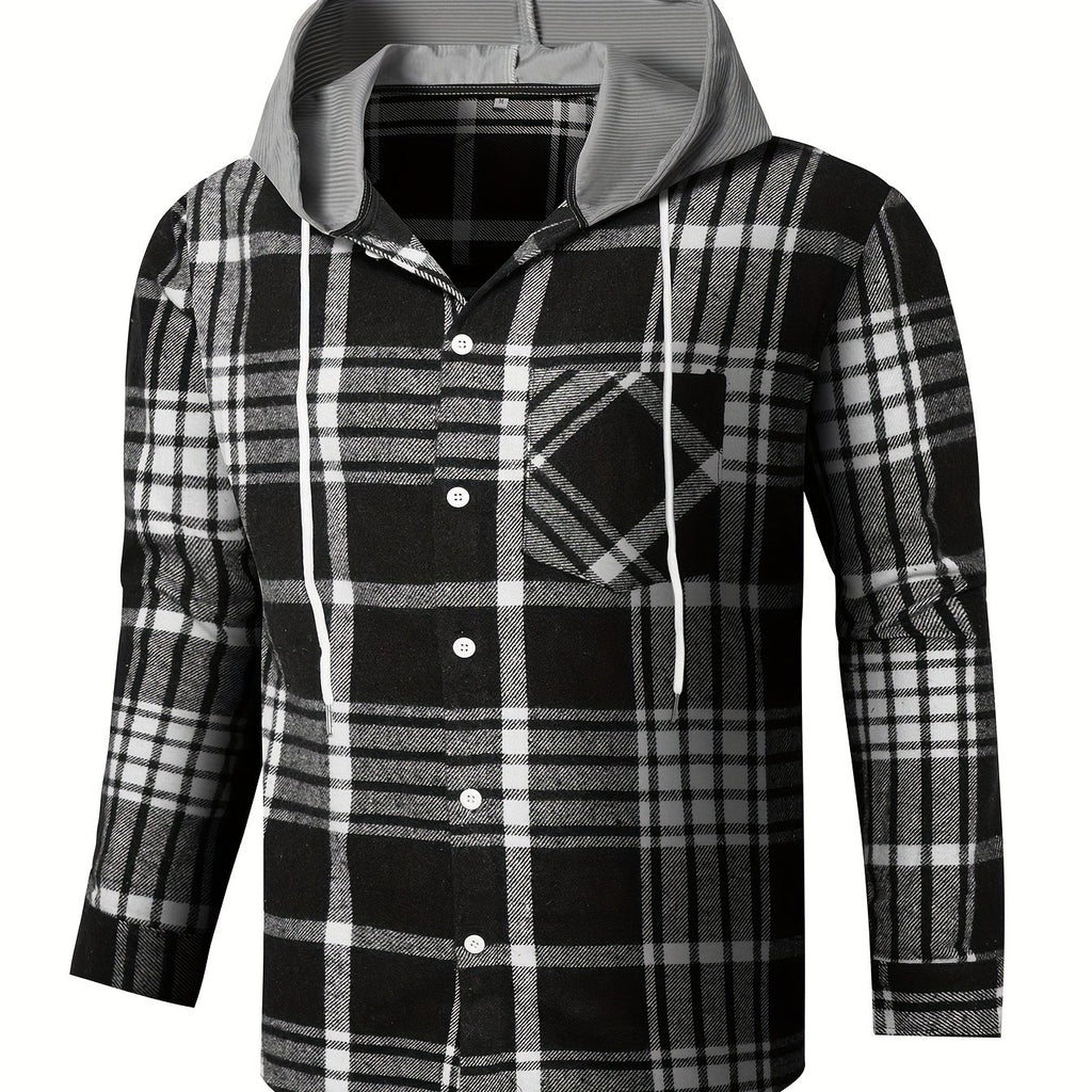 Men's Plaid Shirt Jacket with Hood - Black/White/Gray Tartan Pattern, Collar & Chest Pocket - Winter Warm Coat, Button-Front Blazer for Casual & Smart-Casual Wear (Non-Stretch Woven Fabric)