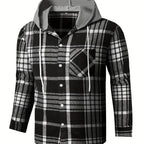 Men's Plaid Shirt Jacket with Hood - Black/White/Gray Tartan Pattern, Collar & Chest Pocket - Winter Warm Coat, Button-Front Blazer for Casual & Smart-Casual Wear (Non-Stretch Woven Fabric)