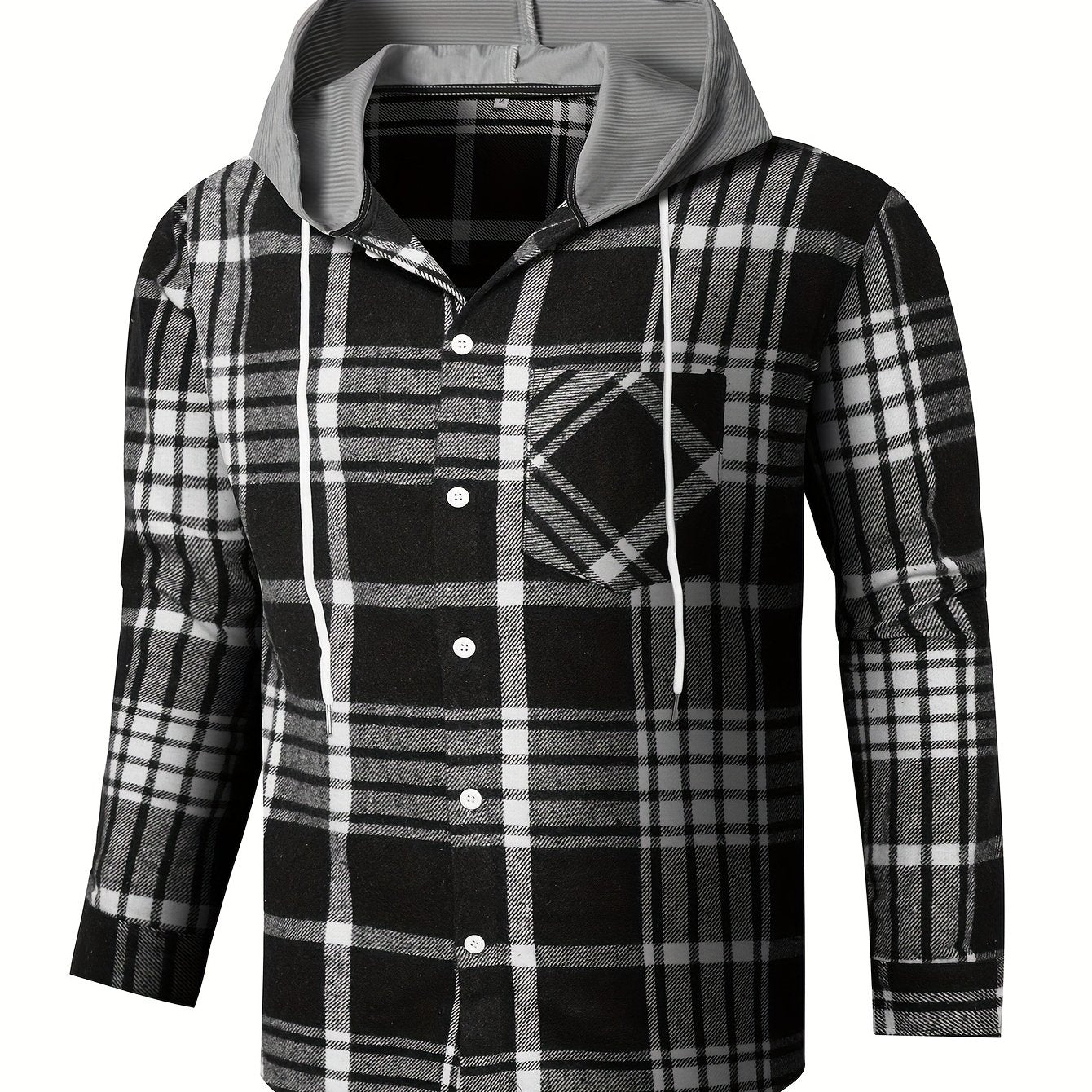 Men's Plaid Shirt Jacket with Hood - Black/White/Gray Tartan Pattern, Collar & Chest Pocket - Winter Warm Coat, Button-Front Blazer for Casual & Smart-Casual Wear (Non-Stretch Woven Fabric)