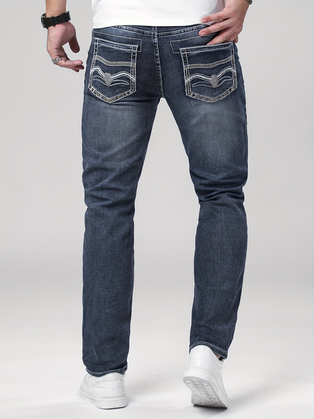 Men'S Skinny Stretch Faux Denim - Dark Blue Skinny Fit Faux Denim with Washed Look, All-Season Comfort, Straight Leg Fit for Casual & Formal Wear