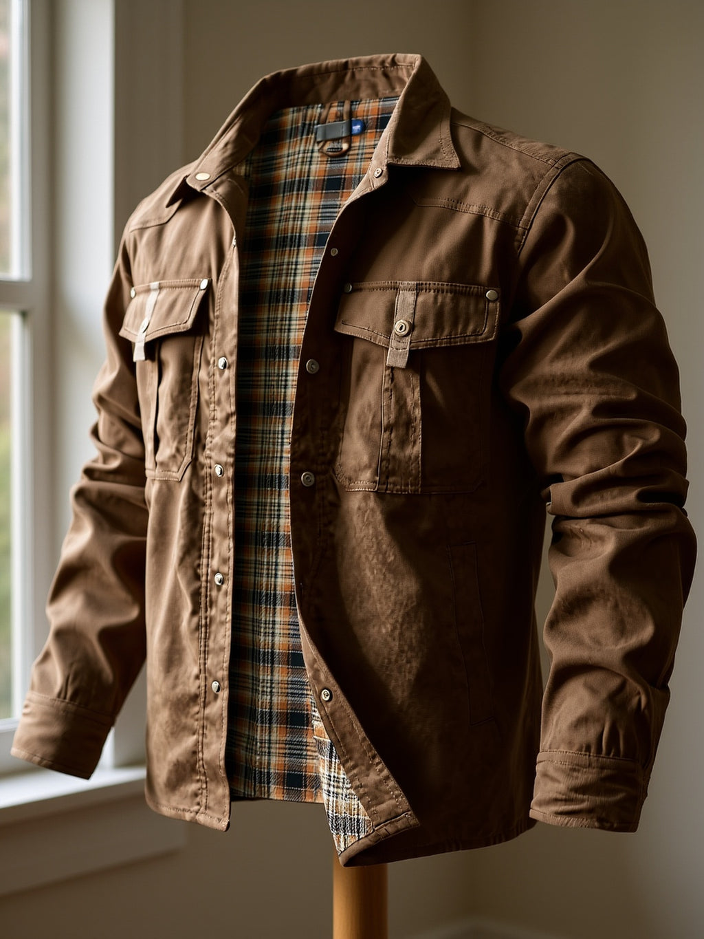 Men'S Fashion Casual Solid Color Plaid Cargo Jacket
