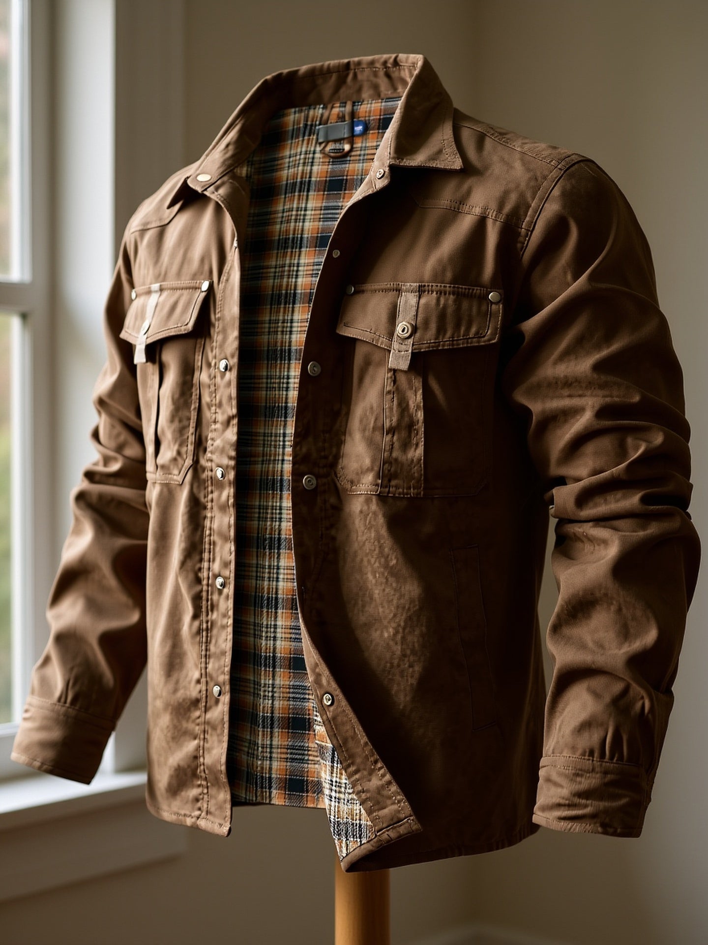 Men'S Fashion Casual Solid Color Plaid Cargo Jacket
