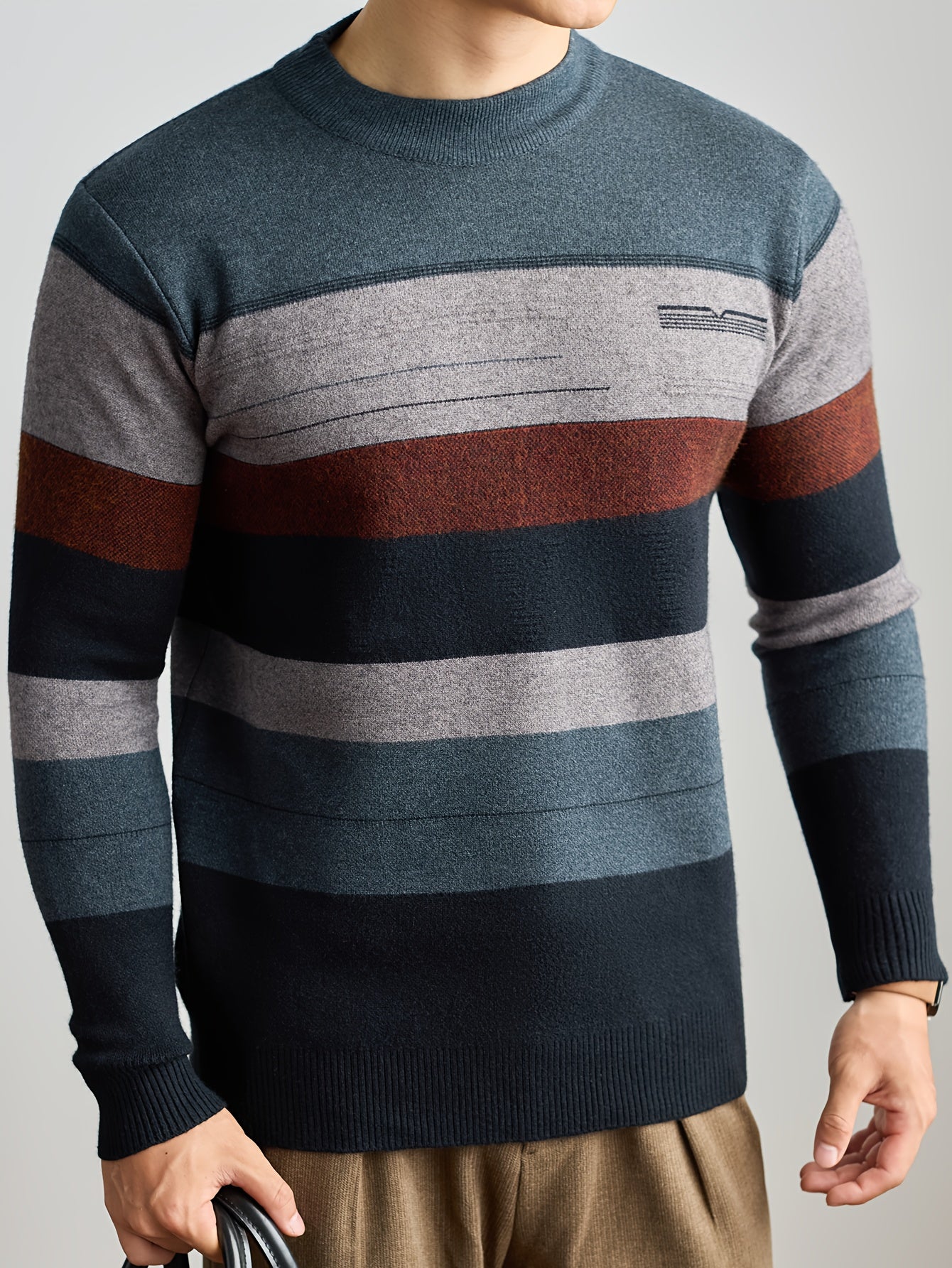 Men'S Thick Knit Sweater - Horizontal Striped Pullover Sweater in Dark Blue/Gray/Red/Black/, Long Sleeve Round Neck Sweater for Fall Winter, Gym, Office, Formal Events - Non-Bulky Warm Sweater for Everyday & Special Occasions