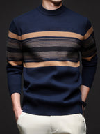 Men's Navy Blue & Brown Striped Sweater - Heavyweight Winter Pullover with Beige/ Tones, Round Neck Long Sleeve Casual & Outdoor Wear, Fish Tail Hem, Multi-Season /Christmas/Father’s Day Sweater (Regular Fit)
