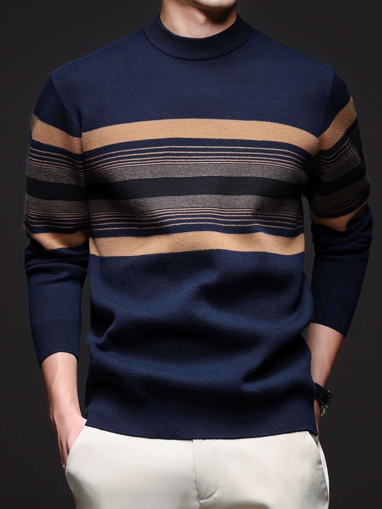 Men's Navy Blue & Brown Striped Sweater - Heavyweight Winter Pullover with Beige/ Tones, Round Neck Long Sleeve Casual & Outdoor Wear, Fish Tail Hem, Multi-Season /Christmas/Father’s Day Sweater (Regular Fit)