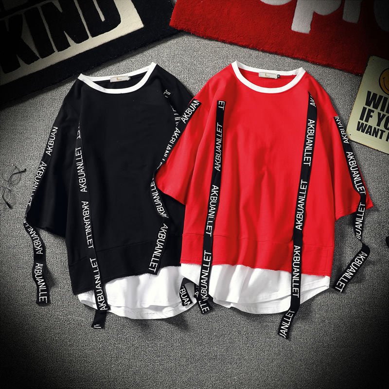 Black Solid Tag Band Letter T-shirt Tops Tees Male Fashion Casual Hip Hop Streetwear Short Sleeve Men Red Fake Two Pieces-3