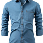 Men's Heavy-Duty Pure Cotton Denim Shirt Jacket - No-Iron Solid Blue Long Sleeve Button-Up Casual Coat, Western Style Collar & Single-Breasted Button Front for Spring/Fall Layering (Regular Fit) - Versatile Outdoor & Formal W