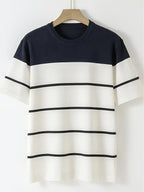 Men's Navy & White Horizontal Stripe Knit Sweater - Breathable Pullover Shirt, Regular Fit Casual Summer Top for Everyday & Formal Outfits, Medium Elasticity