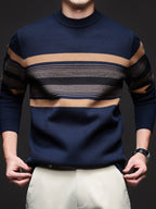 Men's Navy Blue & Brown Striped Sweater - Heavyweight Winter Pullover with Beige/ Tones, Round Neck Long Sleeve Casual & Outdoor Wear, Fish Tail Hem, Multi-Season /Christmas/Father’s Day Sweater (Regular Fit)