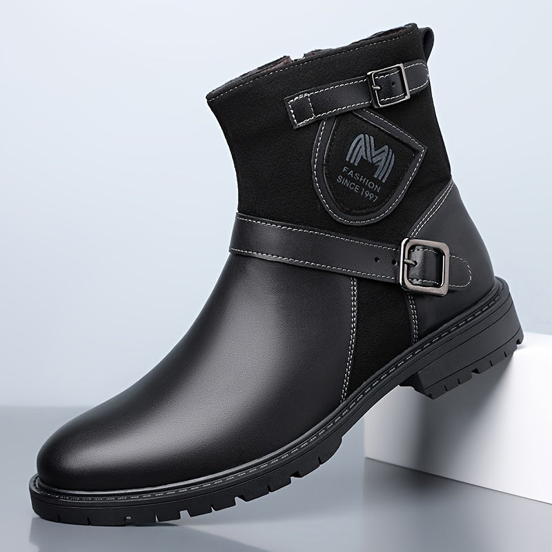 Men's Winter Full-Zip Chelsea Boots - British s with Buckle Strap & Buckles, Upper & Sole, Round Toe Short Ankle Booties for Outdoor, Casual, - Glossy Black (No-Collar Design)