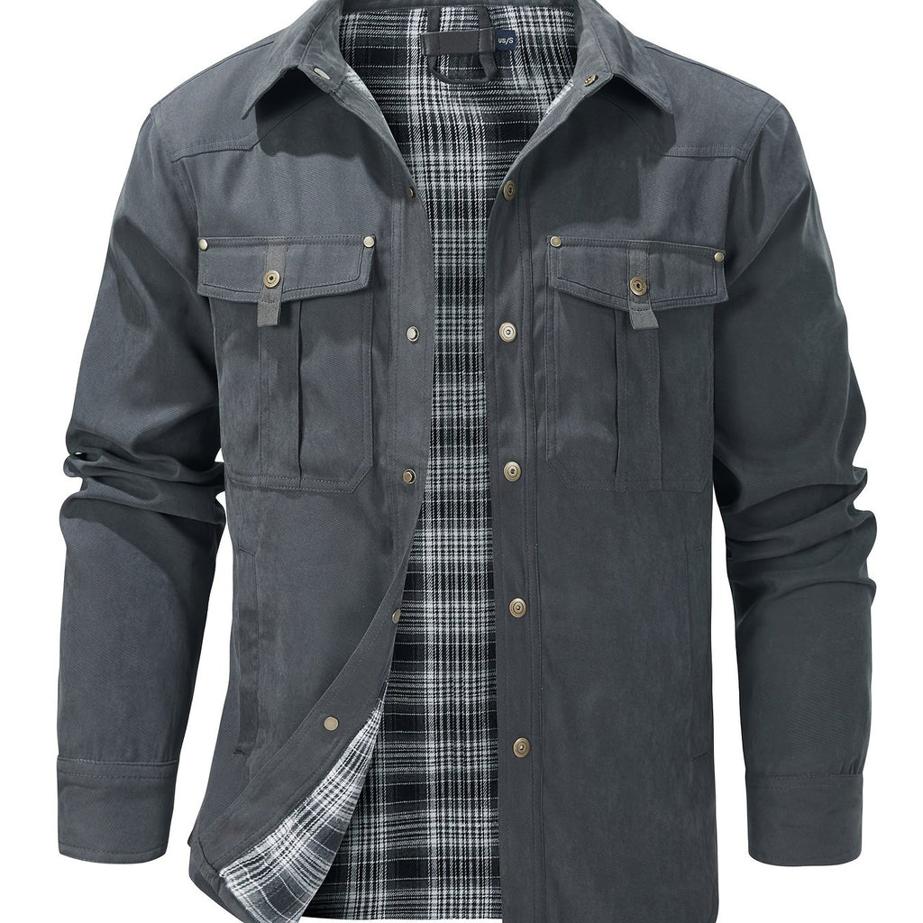 Men'S Fashion Casual Solid Color Plaid Cargo Jacket