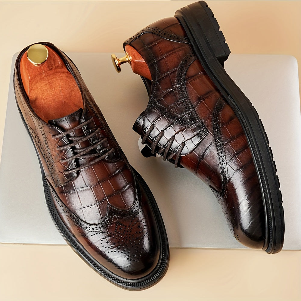 Men's Genuine Leather Checkered Brogue Oxford Dress Shoes - British Style Lace-Up Wingtip Boots (Short) with Pigskin & Rubber Sole, All-Season Wedding, Business & Formal Footwear for Office, Casual - Top-Grain Cowhide