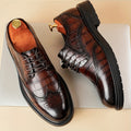 Men's Genuine Leather Checkered Brogue Oxford Dress Shoes - British Style Lace-Up Wingtip Boots (Short) with Pigskin & Rubber Sole, All-Season Wedding, Business & Formal Footwear for Office, Casual - Top-Grain Cowhide