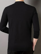 SENMEIGUO Men'S Slim-Fit Classic Collar Knit Sweater Shirt - Solid Black Long Sleeve Winter Pullover with Chest Patches, Hand Wash/Dry Clean, Autumn & Winter Wardrobe Essential, Knit Button Up Sweater, Sophisticated Layering,