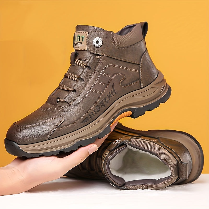 Men's Genuine Leather Winter Boots-like Sneakers - Thick Anti-Skid Rubber Sole, Warm PU & Mid-Calf Traction Tires - All-Terrain Outdoor Shoes for Work,, Snow (Lace-Up, Durable) - Autumn/Fall/Frost Season Footwear