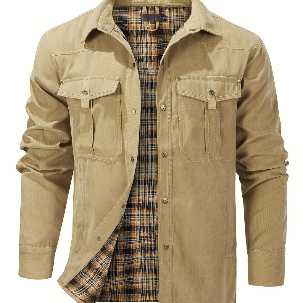 Men'S Fashion Casual Solid Color Plaid Cargo Jacket