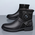 Men's Winter Full-Zip Chelsea Boots - British s with Buckle Strap & Buckles, Upper & Sole, Round Toe Short Ankle Booties for Outdoor, Casual, - Glossy Black (No-Collar Design)