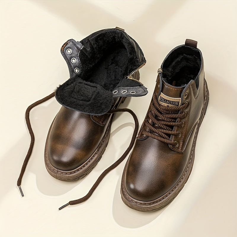 Men's Vintage Cool Lace Up Boots With Side Zipper, Wear-resistant Non-slip Boots For All Seasons