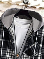 Men's Plaid Shirt Jacket with Hood - Black/White/Gray Tartan Pattern, Collar & Chest Pocket - Winter Warm Coat, Button-Front Blazer for Casual & Smart-Casual Wear (Non-Stretch Woven Fabric)